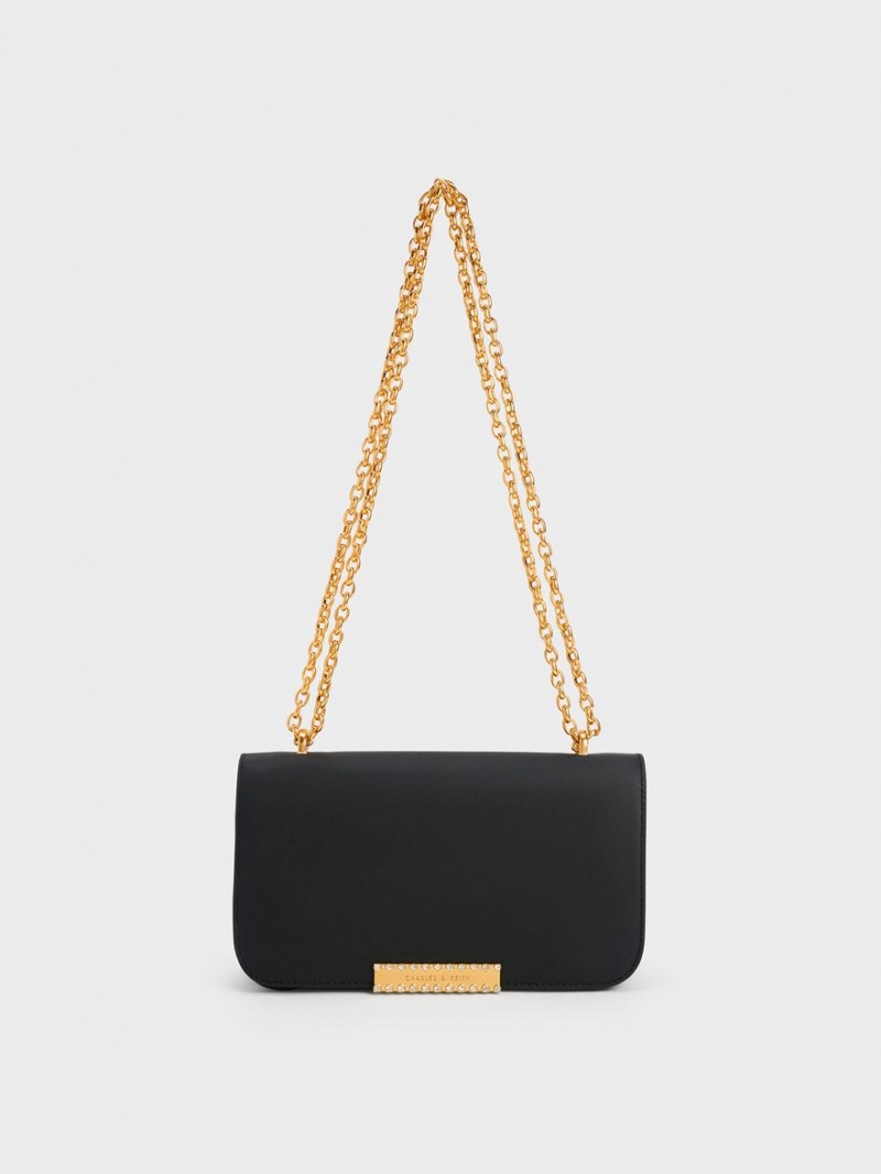 Charles & Keith Leder Chain Riemen Schultertaschen Schwarz | 965IAURGZ