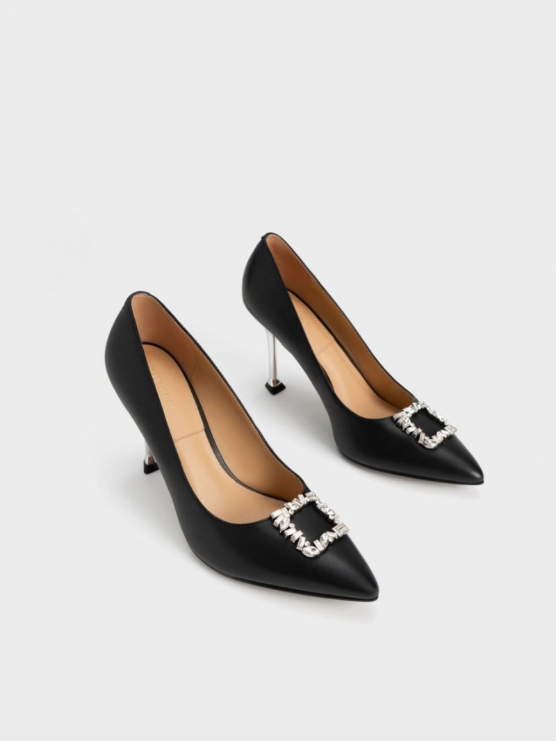 Charles & Keith Leder Gem-Embellished Pumps Schwarz | 485KLISFC