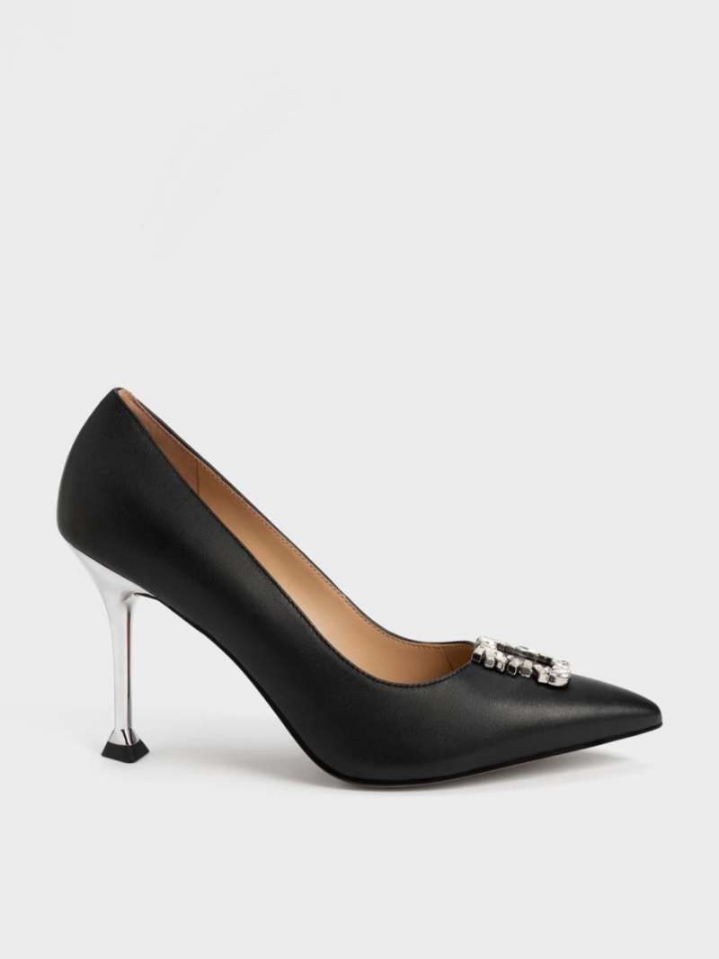 Charles & Keith Leder Gem-Embellished Pumps Schwarz | 485KLISFC