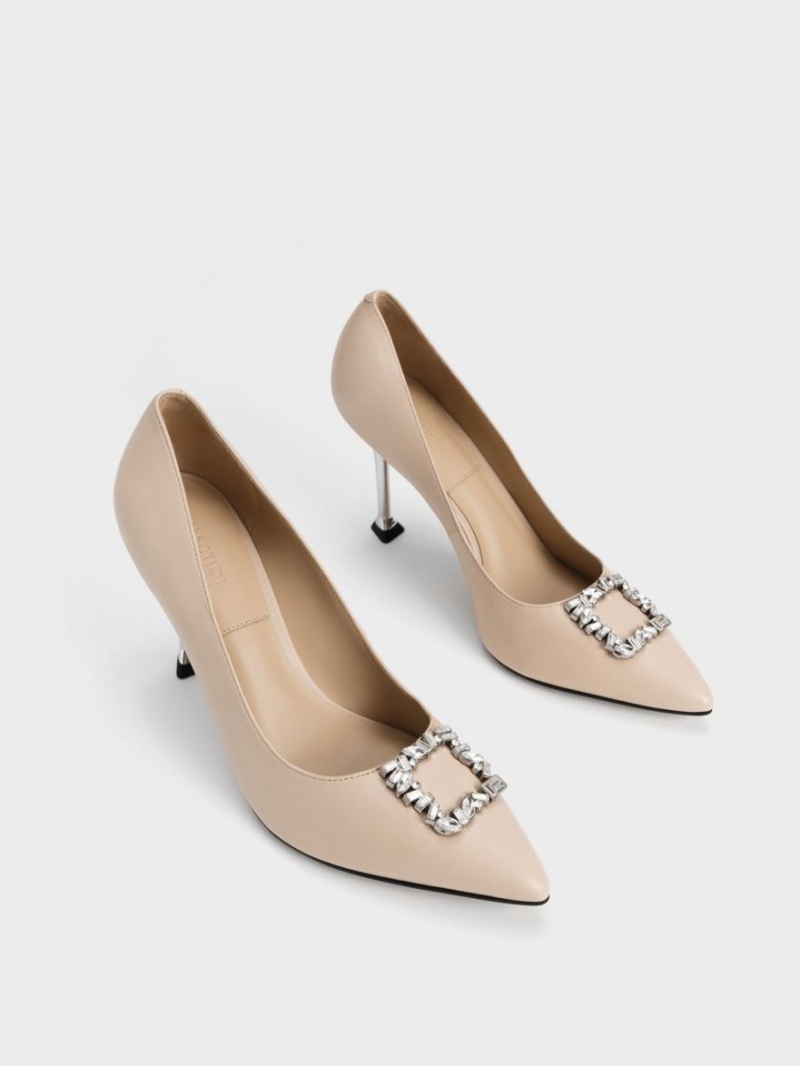 Charles & Keith Leder Gem-Embellished Pumps Beige | 627YNMJUX