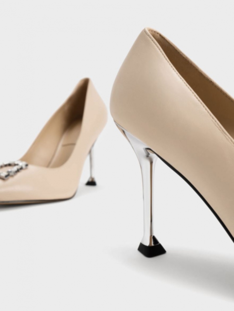 Charles & Keith Leder Gem-Embellished Pumps Beige | 627YNMJUX