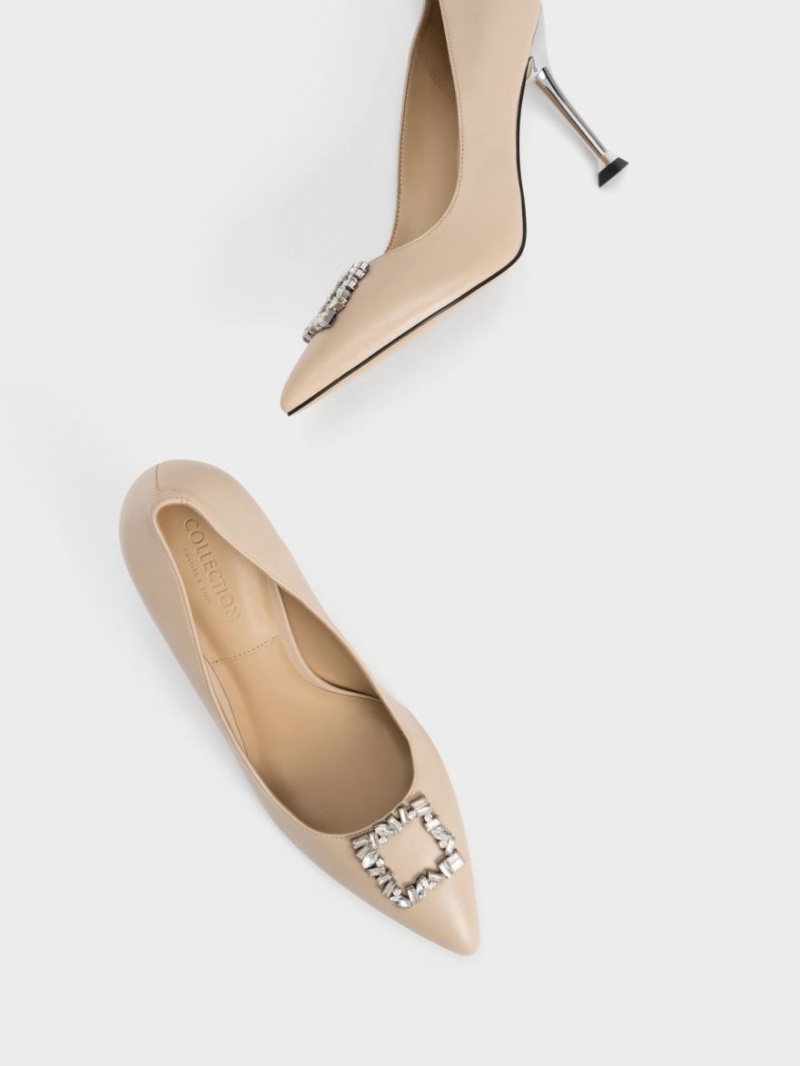 Charles & Keith Leder Gem-Embellished Pumps Beige | 627YNMJUX