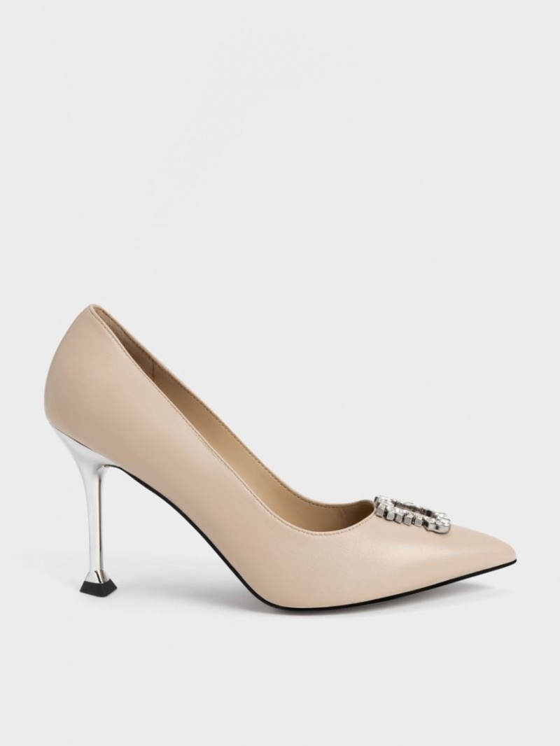 Charles & Keith Leder Gem-Embellished Pumps Beige | 627YNMJUX