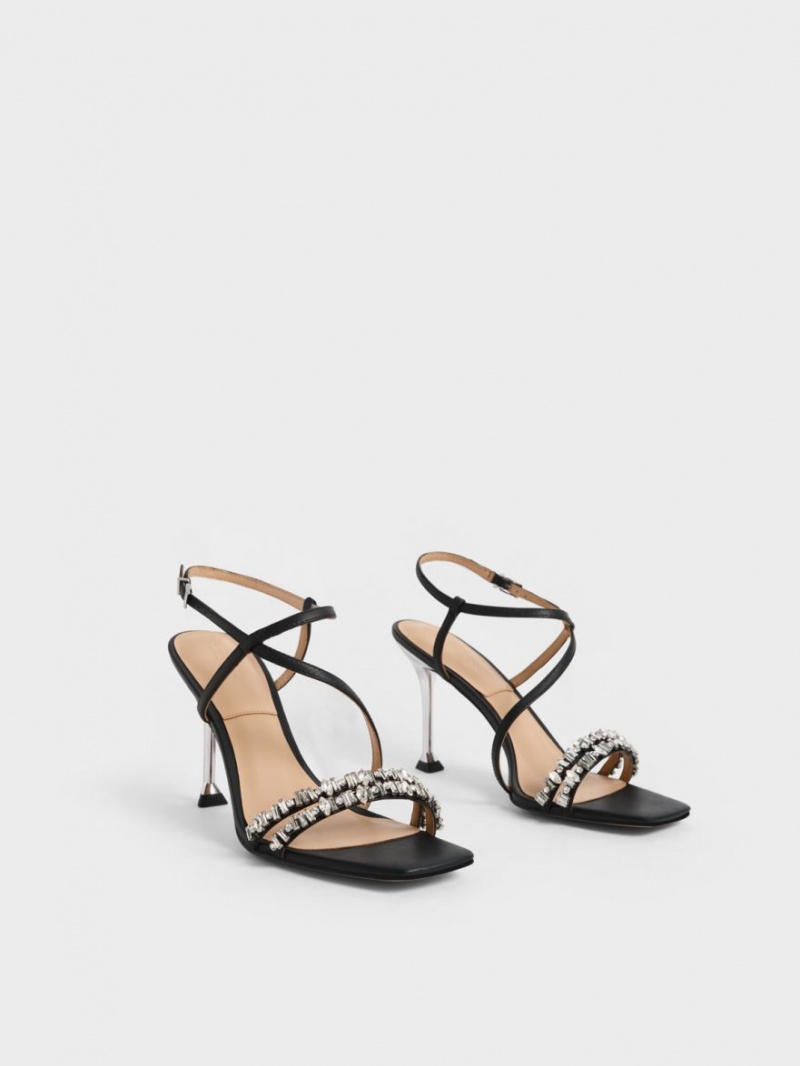 Charles & Keith Leder Gem-Embellished Riemchensandalen Schwarz | 318ZLKRBA