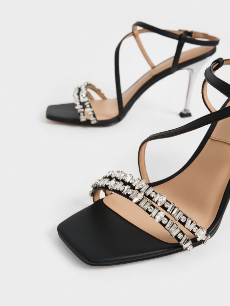 Charles & Keith Leder Gem-Embellished Riemchensandalen Schwarz | 318ZLKRBA