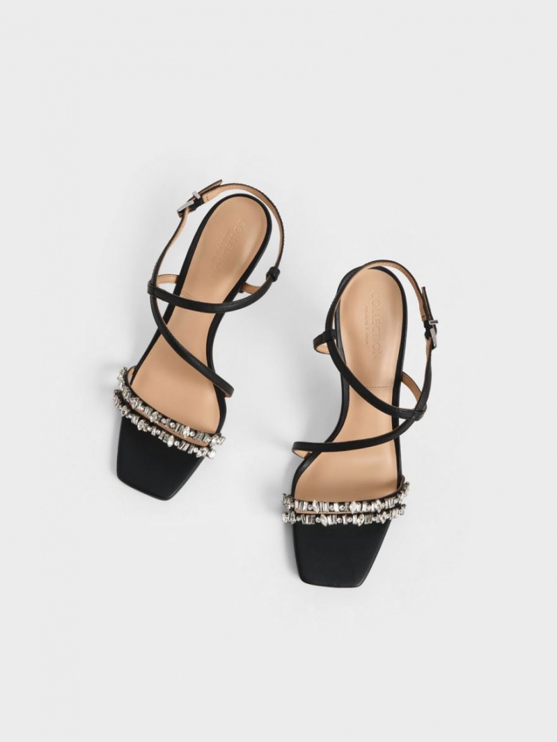 Charles & Keith Leder Gem-Embellished Riemchensandalen Schwarz | 318ZLKRBA