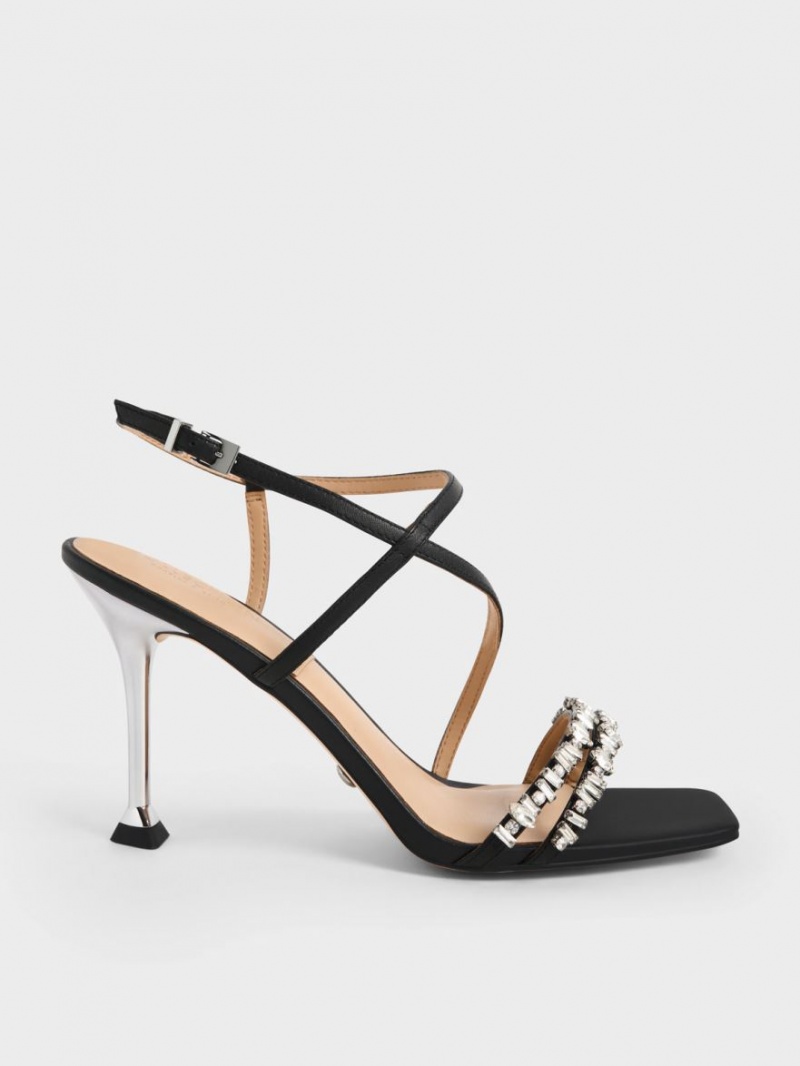 Charles & Keith Leder Gem-Embellished Riemchensandalen Schwarz | 318ZLKRBA