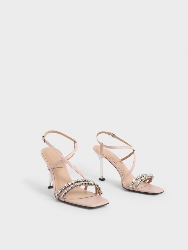 Charles & Keith Leder Gem-Embellished Riemchensandalen Beige | 351FABWMJ