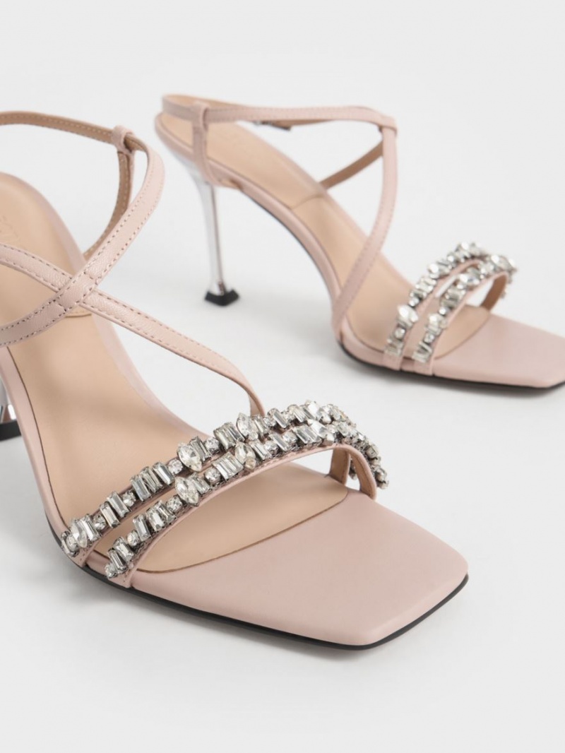 Charles & Keith Leder Gem-Embellished Riemchensandalen Beige | 351FABWMJ