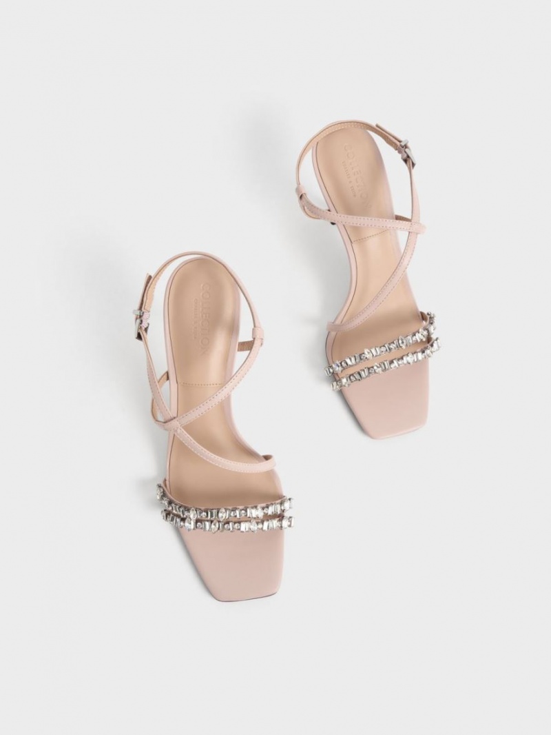 Charles & Keith Leder Gem-Embellished Riemchensandalen Beige | 351FABWMJ