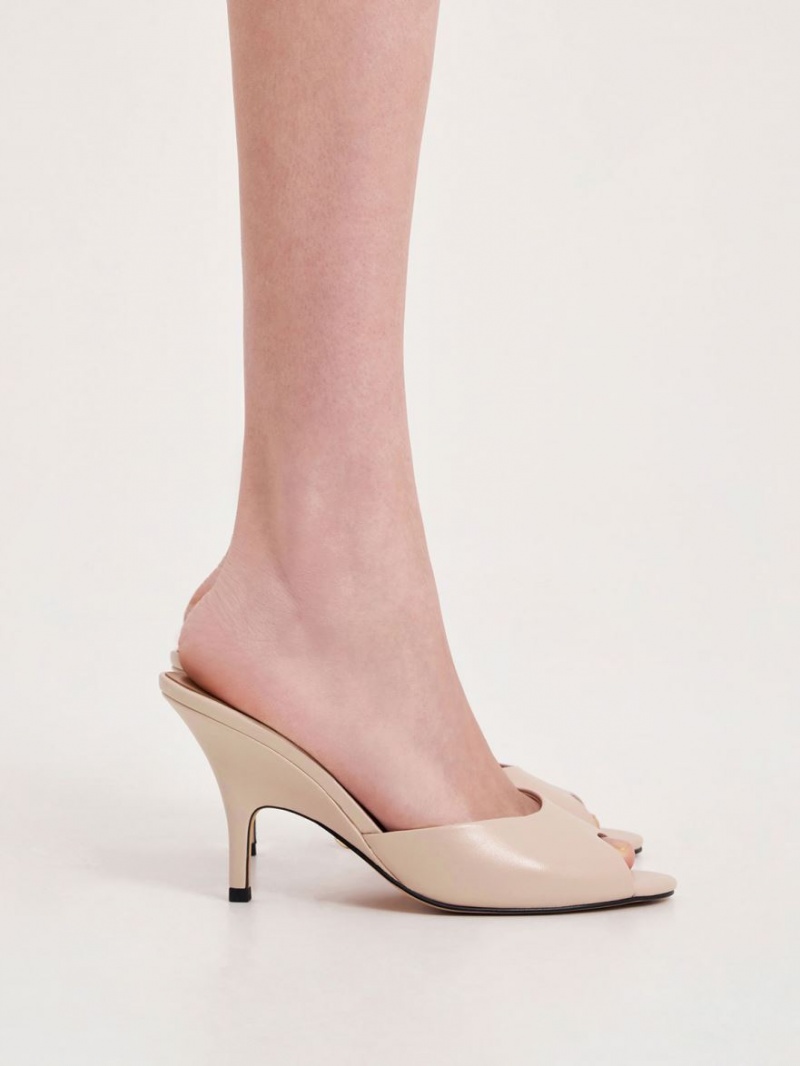 Charles & Keith Leder Round-Kappe Absatz Mules Beige | 685BHTGJW