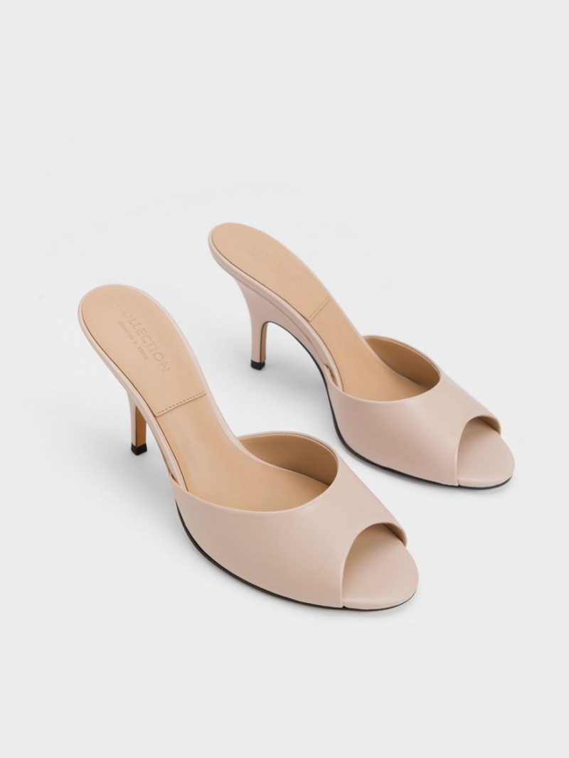 Charles & Keith Leder Round-Kappe Absatz Mules Beige | 685BHTGJW