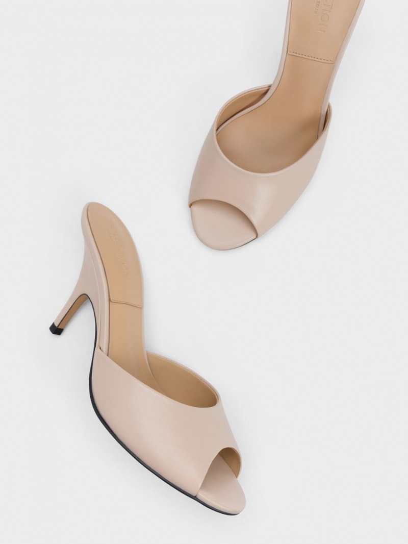 Charles & Keith Leder Round-Kappe Absatz Mules Beige | 685BHTGJW