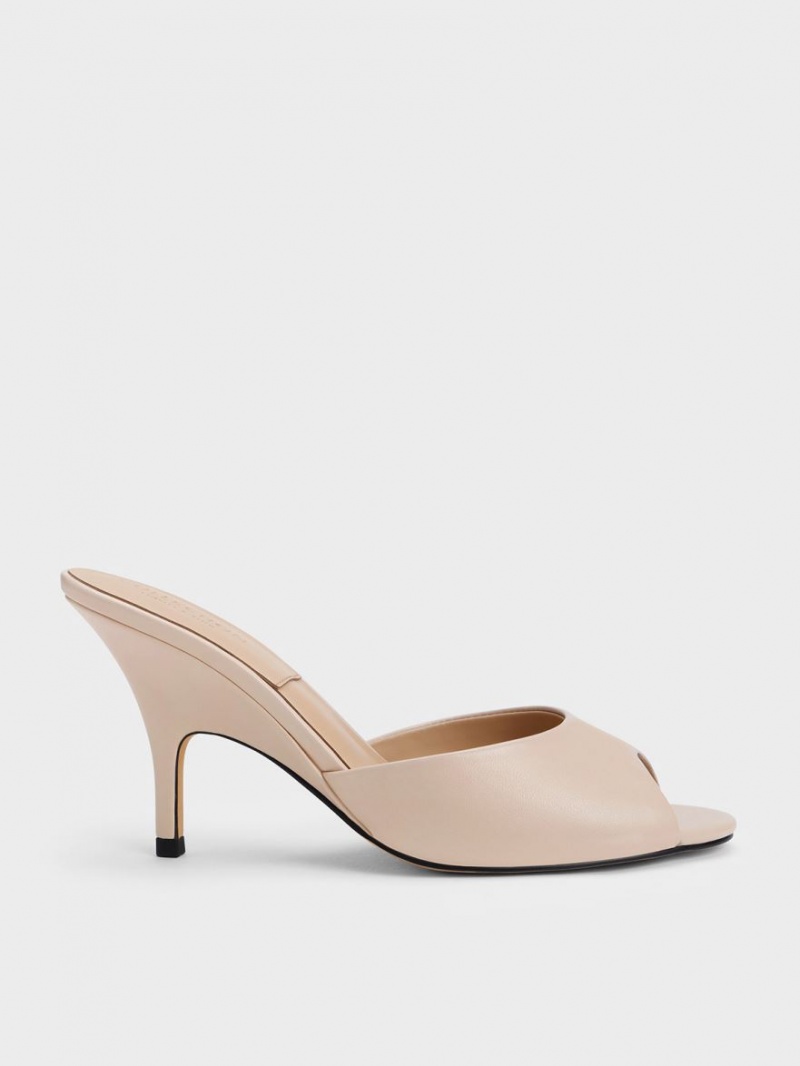 Charles & Keith Leder Round-Kappe Absatz Mules Beige | 685BHTGJW