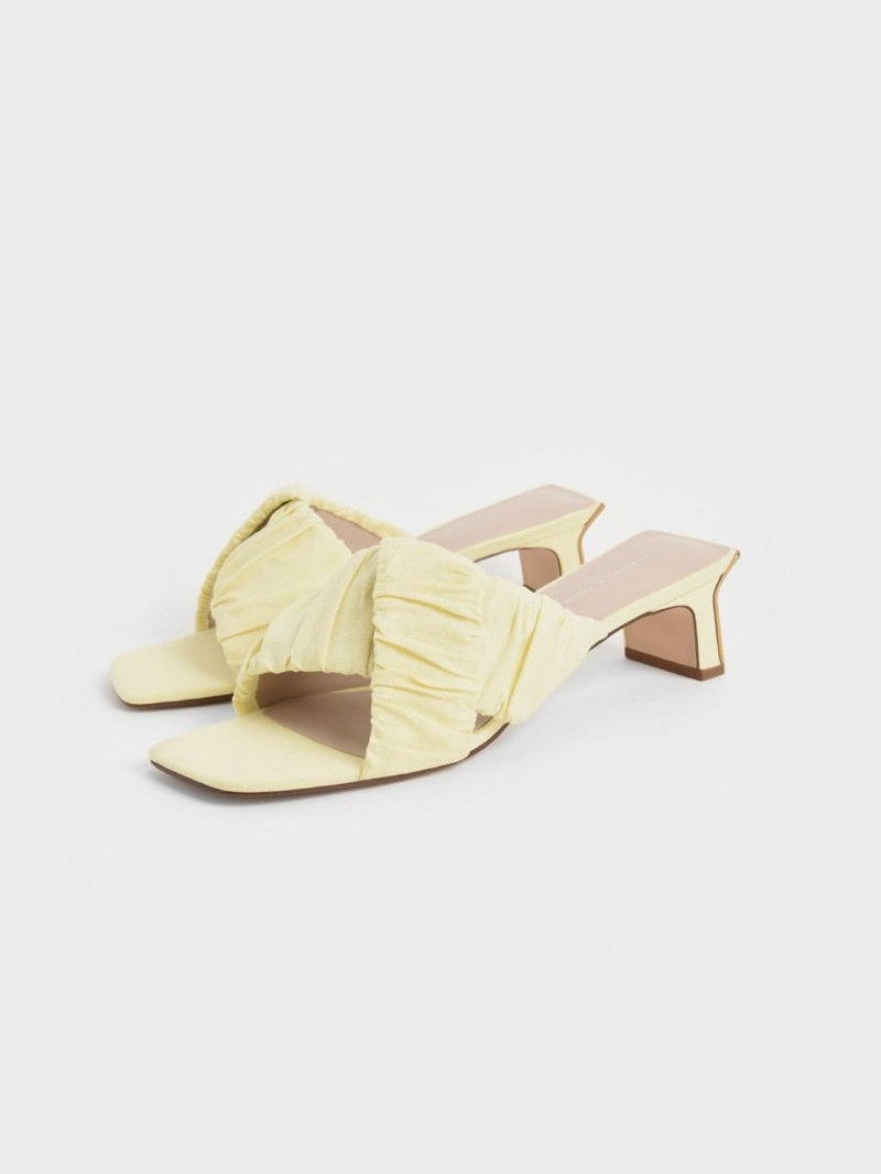 Charles & Keith Linen Asymmetric Ruched Mules Gelb | 793YNLMJP