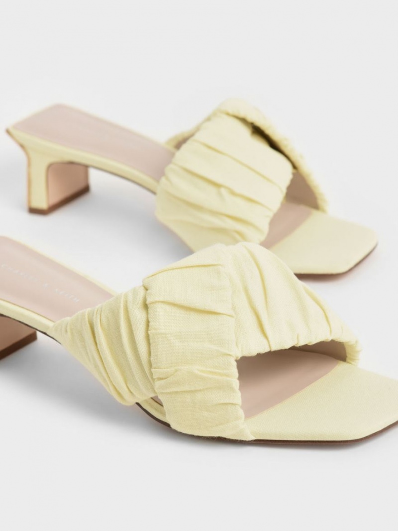 Charles & Keith Linen Asymmetric Ruched Mules Gelb | 793YNLMJP