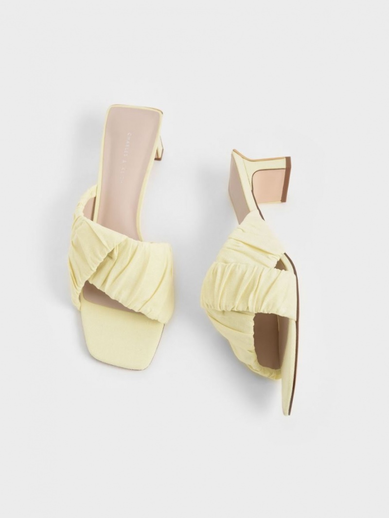 Charles & Keith Linen Asymmetric Ruched Mules Gelb | 793YNLMJP