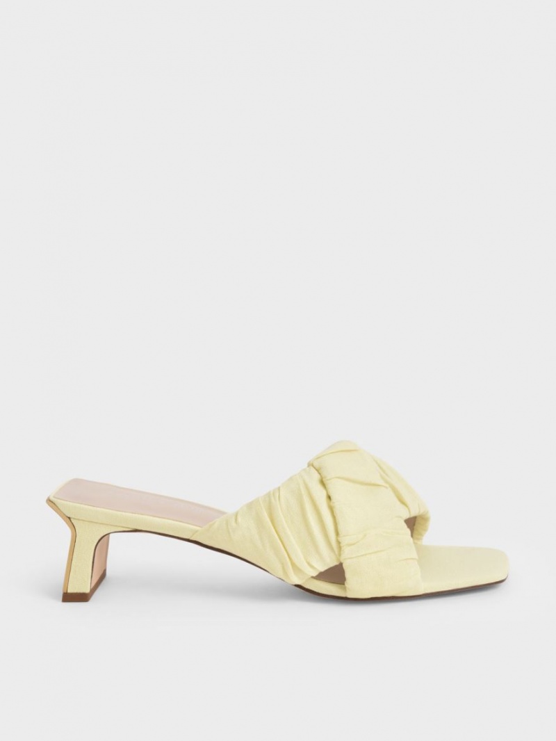 Charles & Keith Linen Asymmetric Ruched Mules Gelb | 793YNLMJP