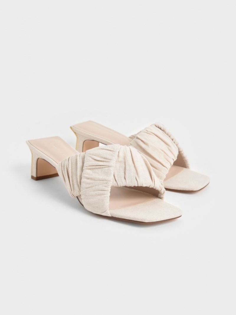 Charles & Keith Linen Asymmetric Ruched Mules Weiß | 389YGSIAR