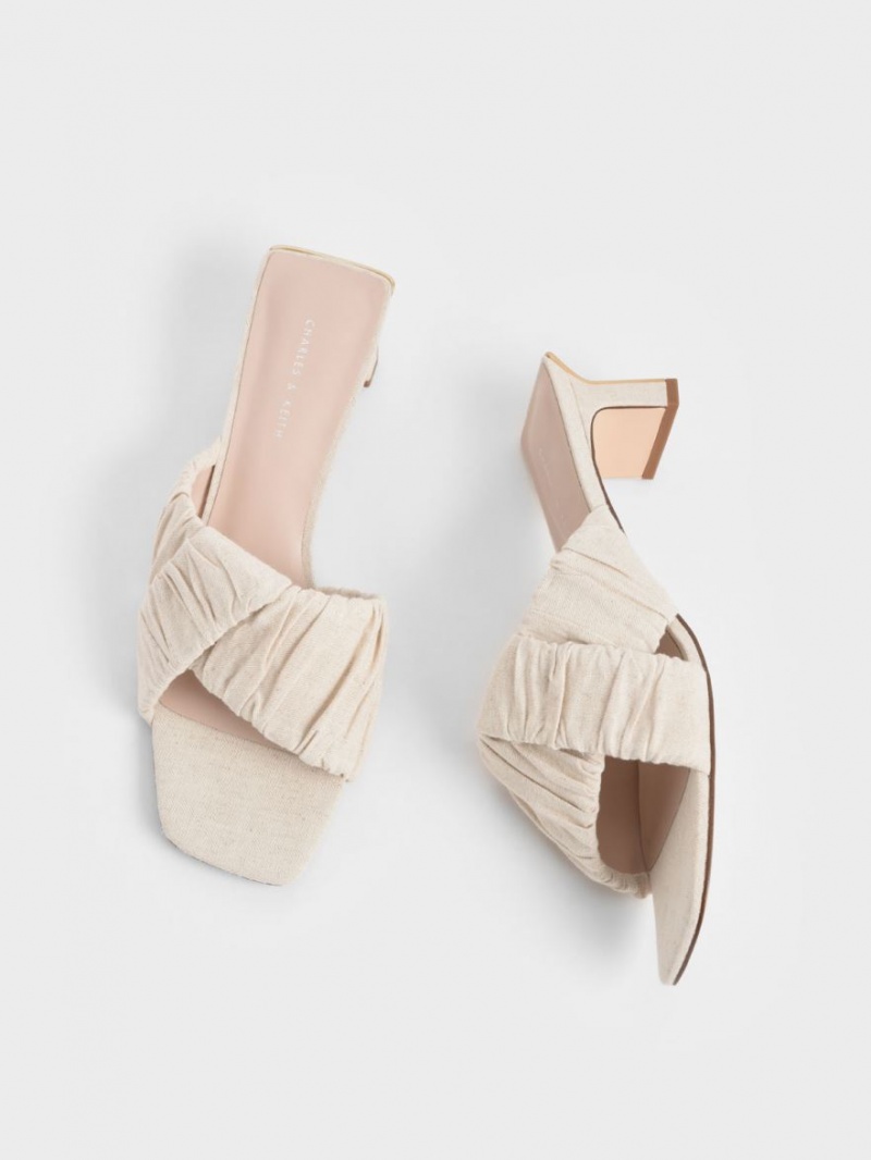 Charles & Keith Linen Asymmetric Ruched Mules Weiß | 389YGSIAR