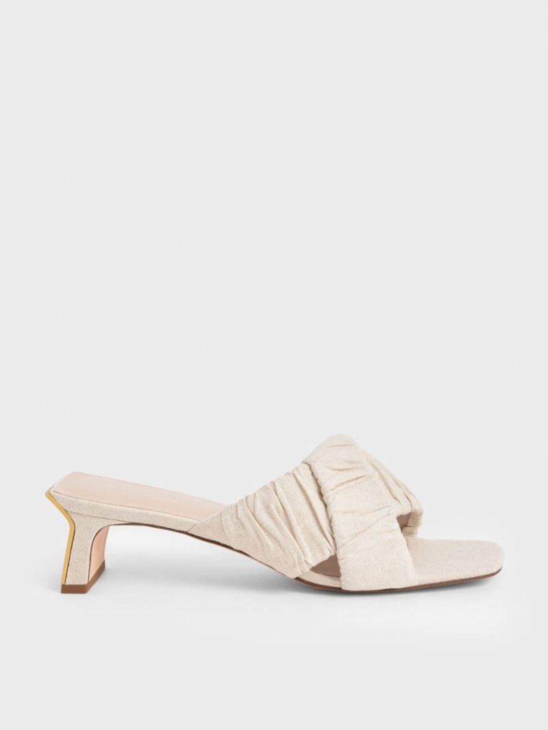 Charles & Keith Linen Asymmetric Ruched Mules Weiß | 389YGSIAR