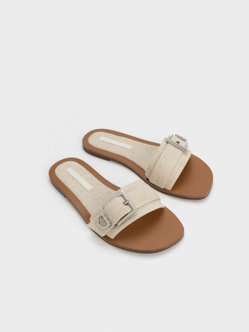 Charles & Keith Linen Metallic Schnallen Pantoletten Beige | 137SPRKLZ