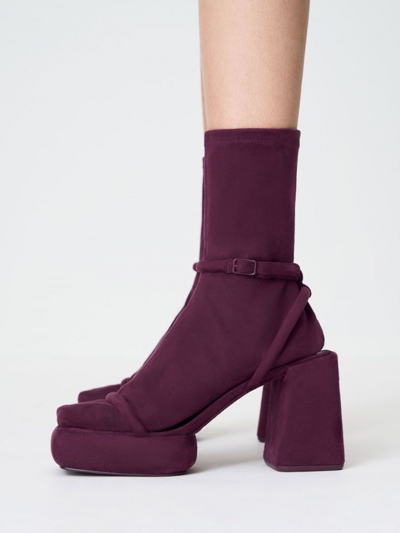 Charles & Keith Lucile Textured Calf Plateau Stiefel Bordeaux | 513CUFLOK