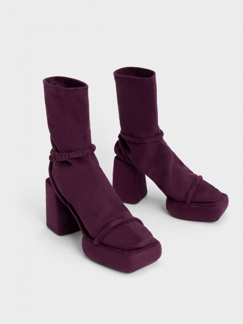 Charles & Keith Lucile Textured Calf Plateau Stiefel Bordeaux | 513CUFLOK