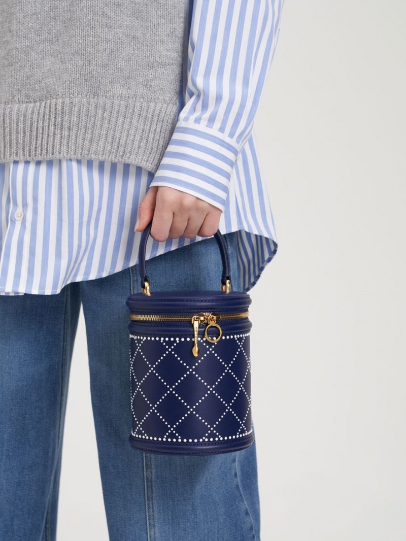 Charles & Keith Marietta Bead-Embellished Bucket Tasche Navy | 718OAKMCS