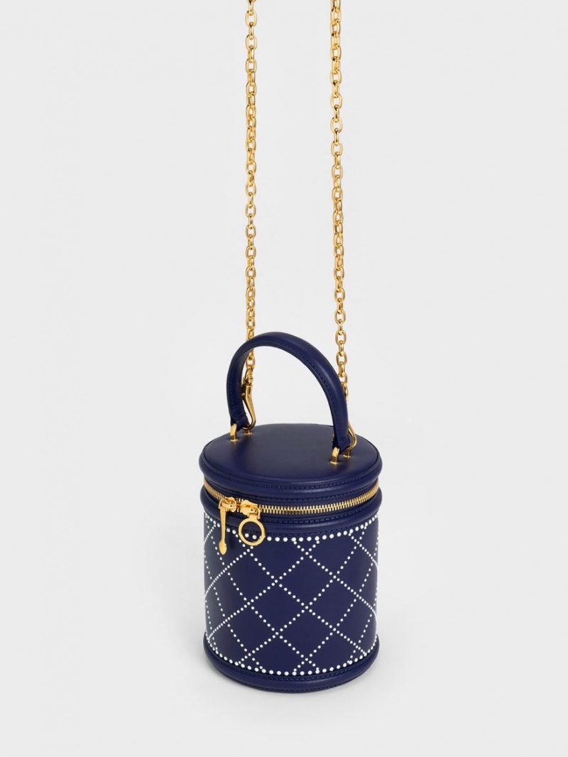 Charles & Keith Marietta Bead-Embellished Bucket Tasche Navy | 718OAKMCS