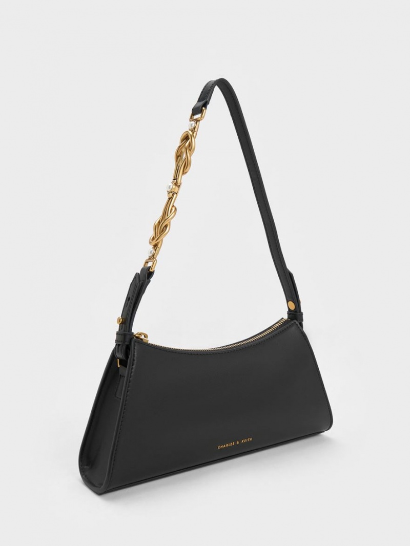 Charles & Keith Metallic-Accent Riemen Trapeze Tragetaschen Schwarz | 967EABILT