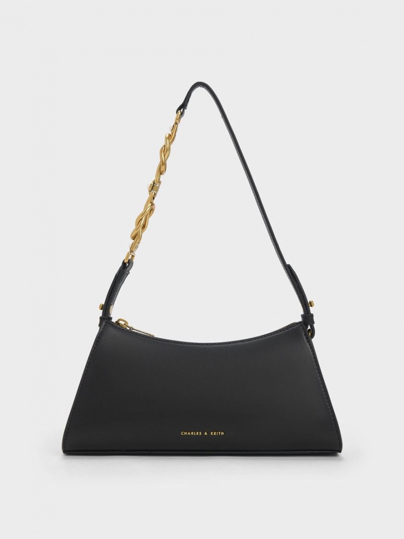 Charles & Keith Metallic-Accent Riemen Trapeze Tragetaschen Schwarz | 967EABILT