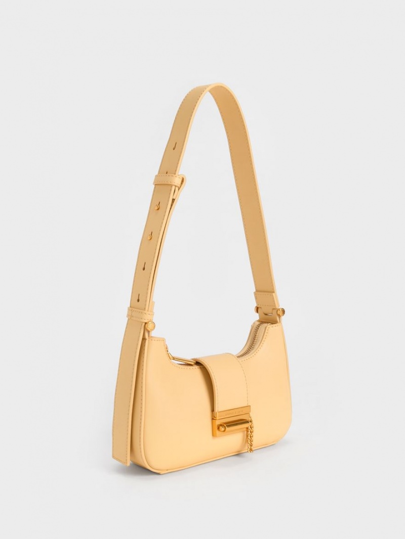 Charles & Keith Metallic Accent Belted Tragetaschen Beige | 743VESQHZ