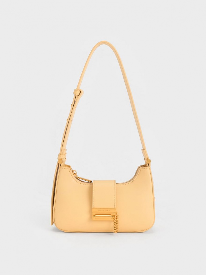 Charles & Keith Metallic Accent Belted Tragetaschen Beige | 743VESQHZ