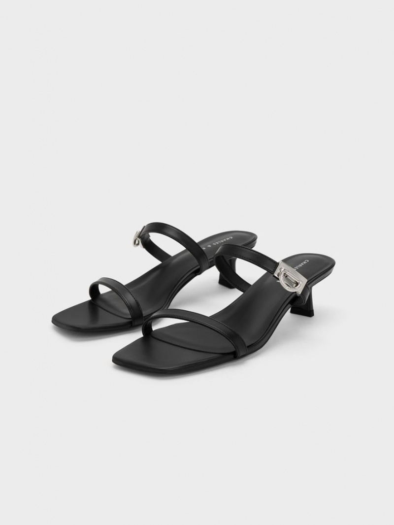 Charles & Keith Metallic Accent Double Riemen Mules Schwarz | 254GZRYDS