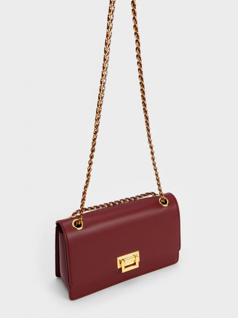 Charles & Keith Metallic Accent Front Flap Schultertaschen Bordeaux | 167FLHZOG