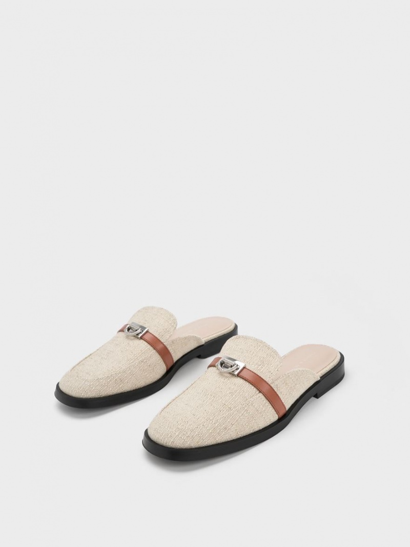 Charles & Keith Metallic Accent Linen Loafer Mules Beige | 615DTINAU