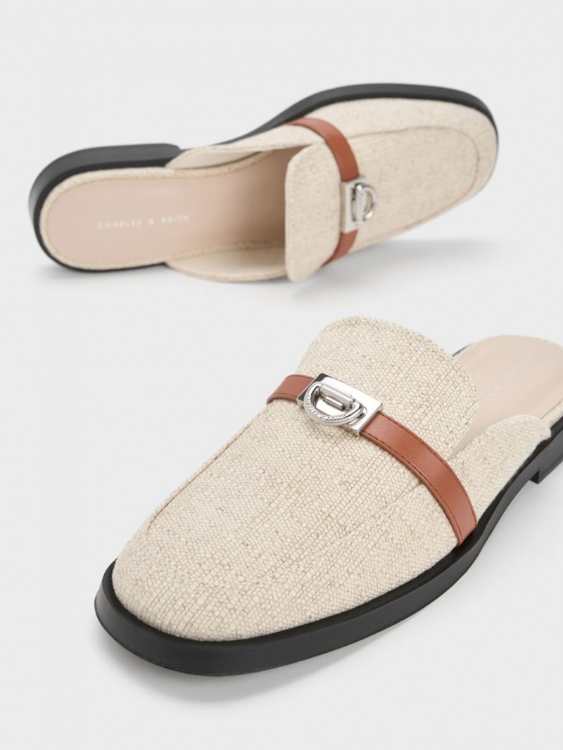 Charles & Keith Metallic Accent Linen Loafer Mules Beige | 615DTINAU