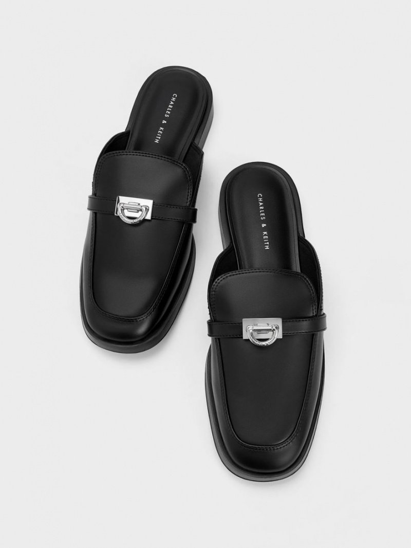 Charles & Keith Metallic Accent Loafer Mules Schwarz | 824JPMZFW