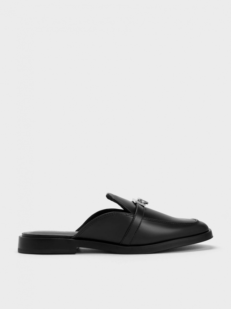 Charles & Keith Metallic Accent Loafer Mules Schwarz | 824JPMZFW