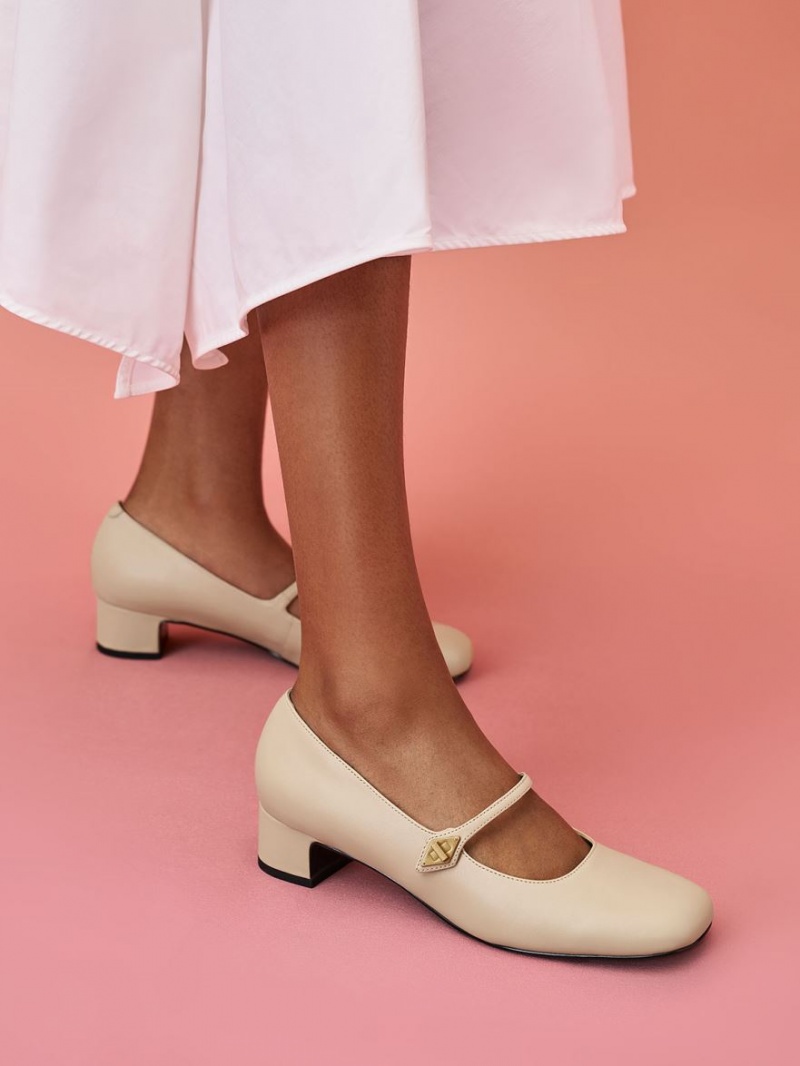 Charles & Keith Metallic Accent Mary Jane Pumps Beige | 403URIHAY