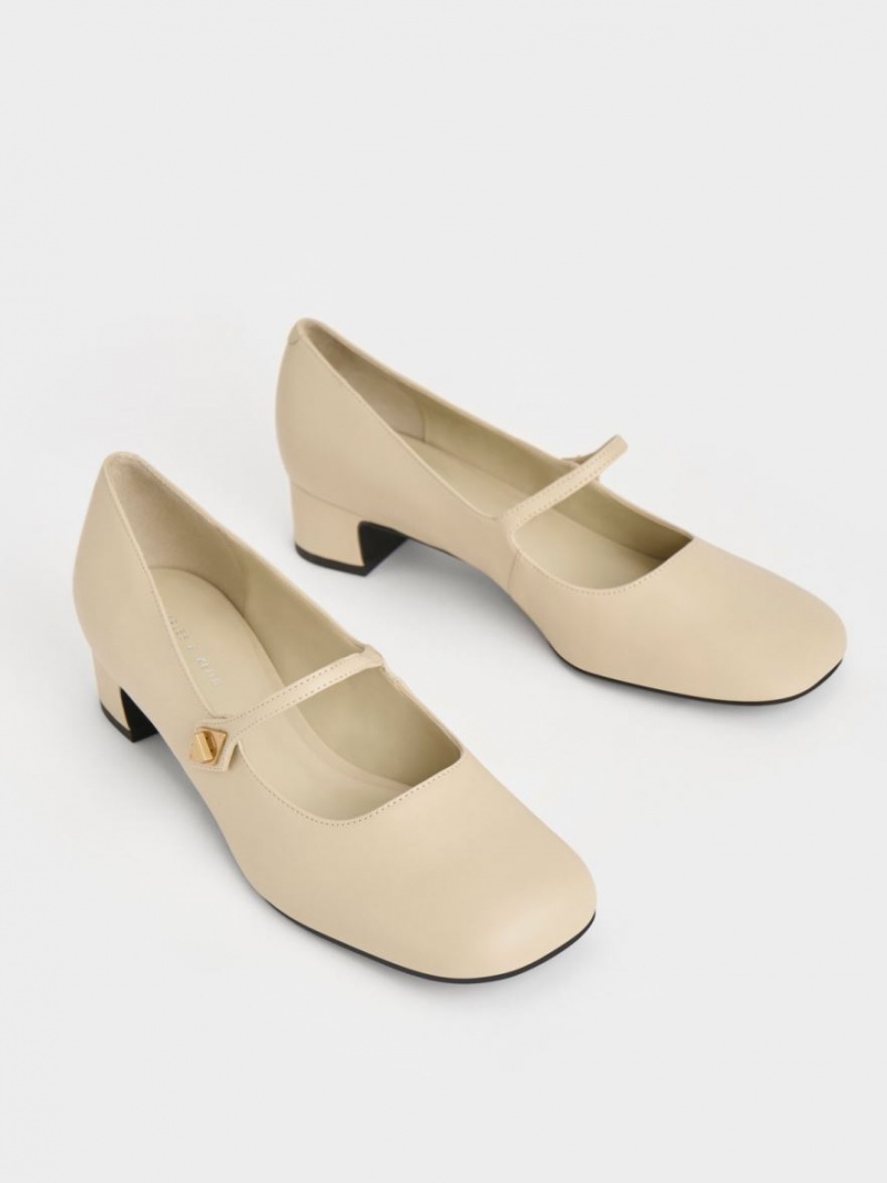 Charles & Keith Metallic Accent Mary Jane Pumps Beige | 403URIHAY