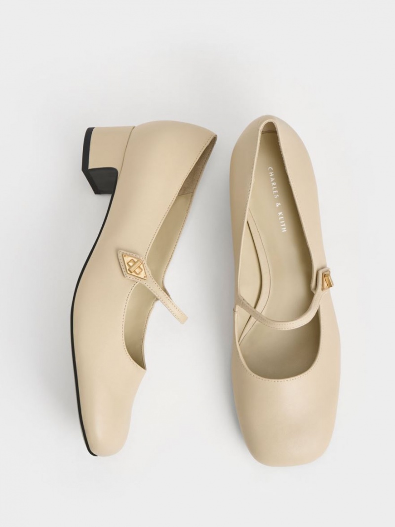 Charles & Keith Metallic Accent Mary Jane Pumps Beige | 403URIHAY