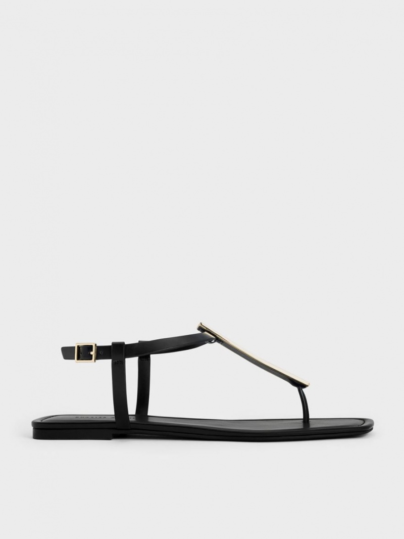 Charles & Keith Metallic Accent T-Bar Tanga Sandalen Flach Schwarz | 680YUCDQR