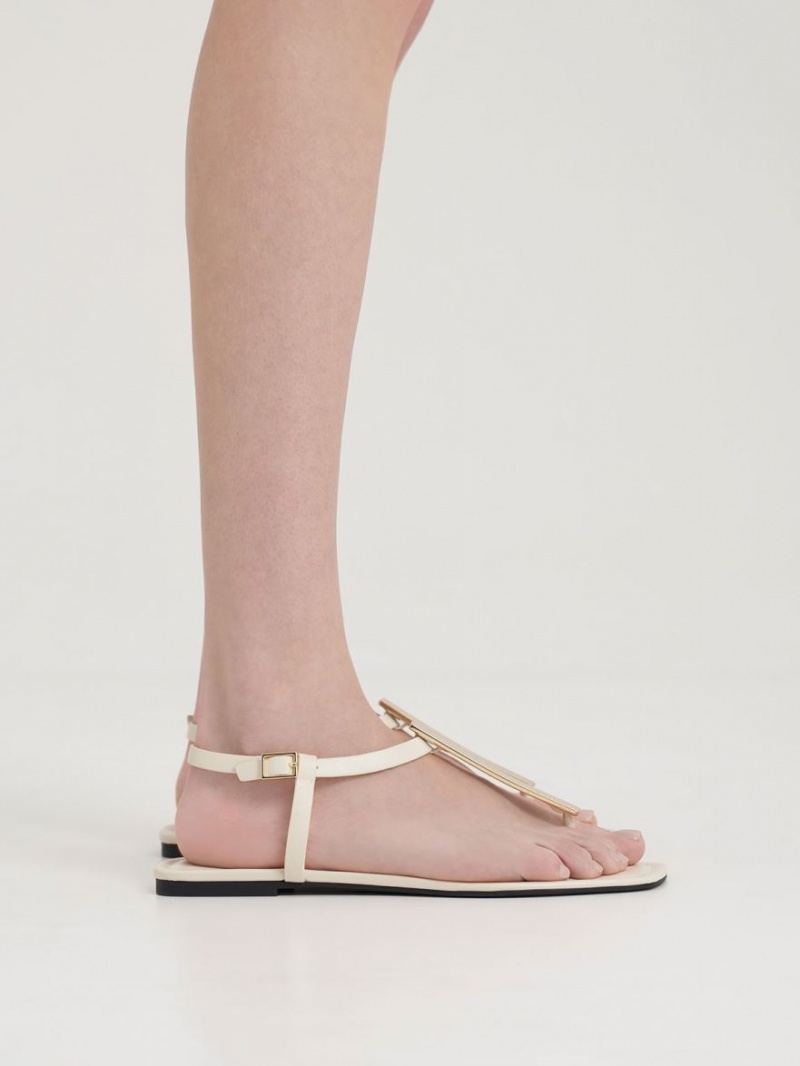 Charles & Keith Metallic Accent T-Bar Tanga Sandalen Flach Weiß | 179XQVJMA