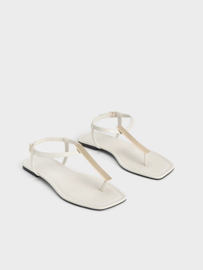 Charles & Keith Metallic Accent T-Bar Tanga Sandalen Flach Weiß | 179XQVJMA