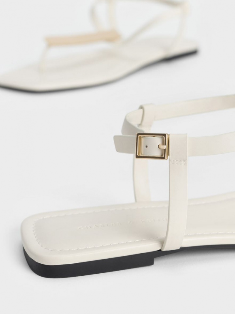 Charles & Keith Metallic Accent T-Bar Tanga Sandalen Flach Weiß | 179XQVJMA