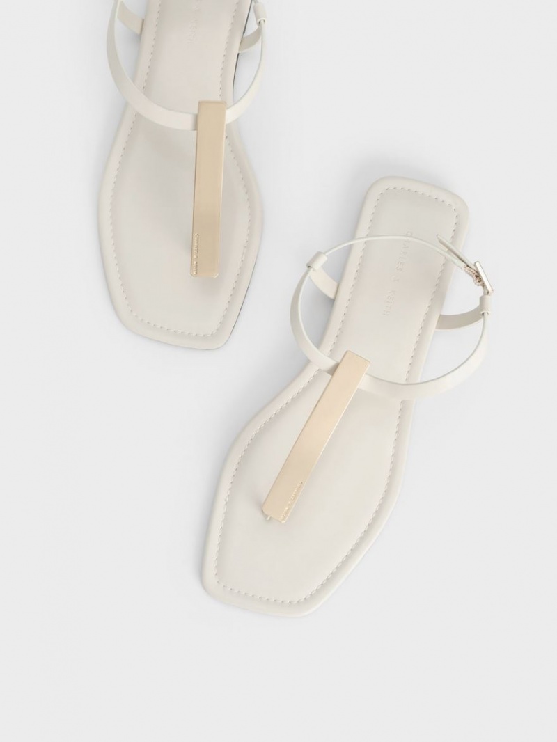 Charles & Keith Metallic Accent T-Bar Tanga Sandalen Flach Weiß | 179XQVJMA