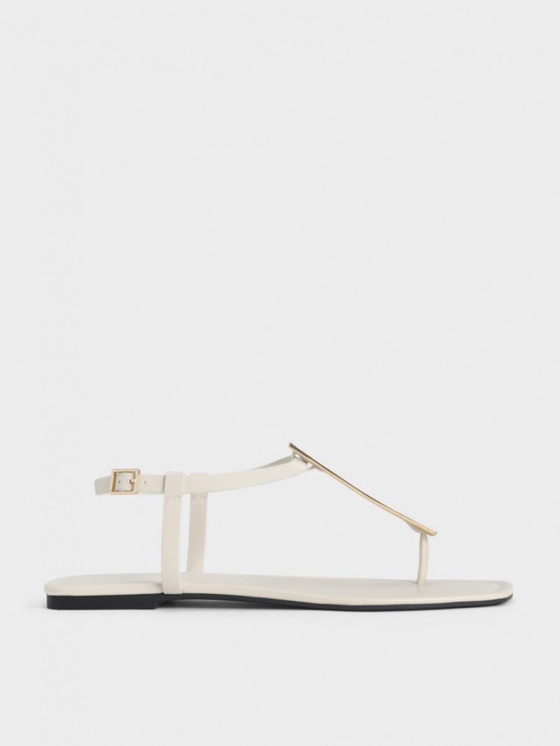 Charles & Keith Metallic Accent T-Bar Tanga Sandalen Flach Weiß | 179XQVJMA