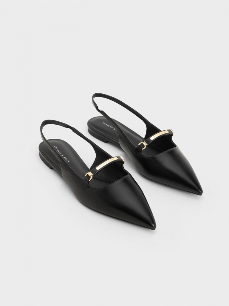 Charles & Keith Metallic Bar Accent Slingback Flache Schuhe Schwarz | 756KWMFRA